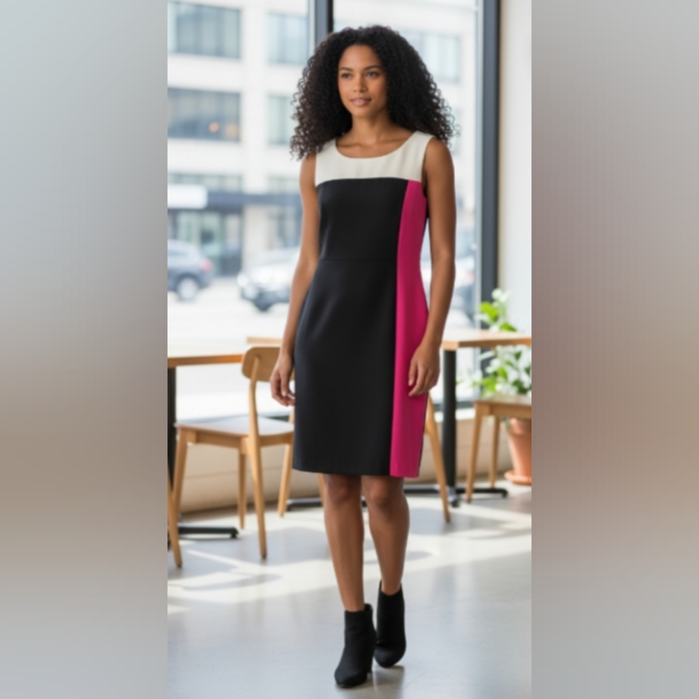 Tahari Black and Pink Colorblock Midi Dress